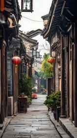 Narrow Chinese alleyway with lanterns and aged timber facades.