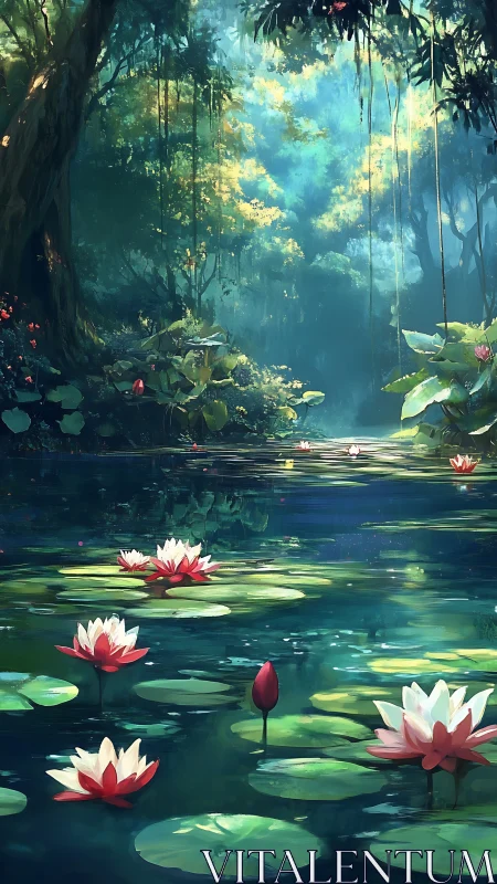 Luminous forest pond renders layered depth with floating lotus pads