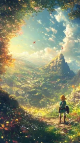 Young adventurer surveys sunlit valley under vast sky.