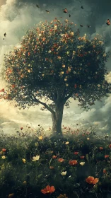 Solitary flowering tree in meadow under cloudy sky.