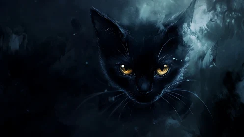 Black cat stares from deep blue void with glowing eyes