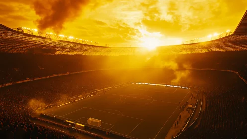 Golden sunset glow over a lively football stadium crowd.