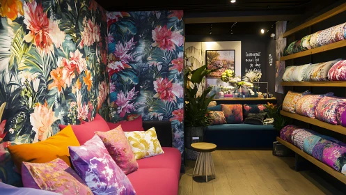 Tropical cushion lounge bursting with bold joyful color.