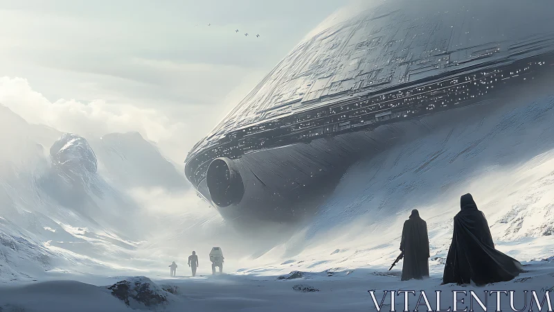 Colossal starship emerging above snowbound alien valley.
