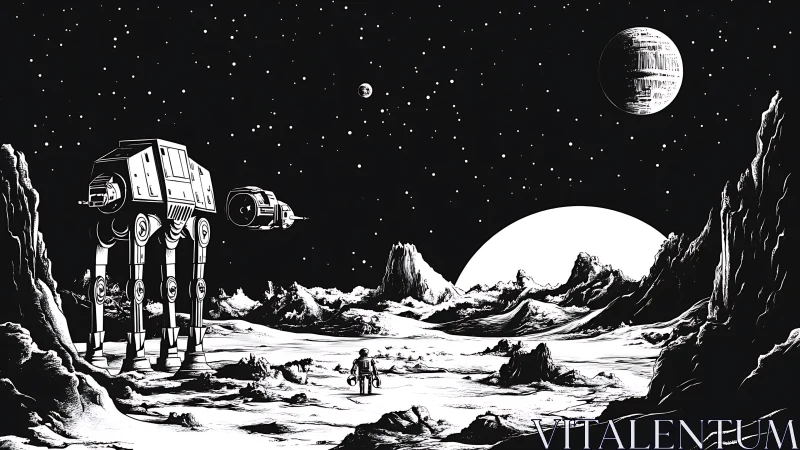 Walker patrol crosses stark lunar battlefield under twin moons