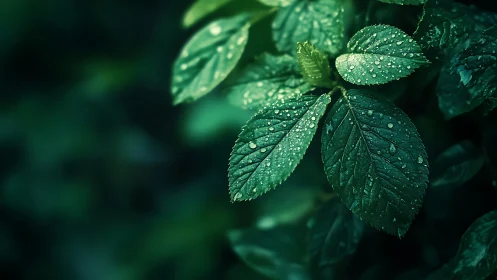 Glistening green leaves soaking up gentle morning raindrops.