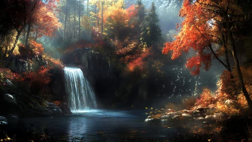 Spellbound autumn cove where silver waterfall hushes daylight.