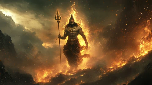 Mythic warrior in fiery volcanic landscape at dusk.