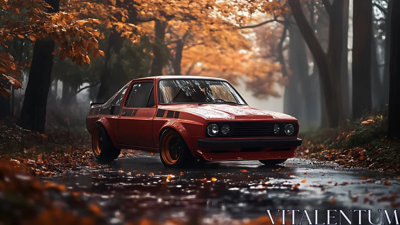 Red modified sedan is parked on wet forest road in autumn