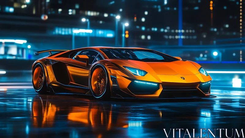 Neon-soaked supercar prowls a slick electric midnight cityscape.