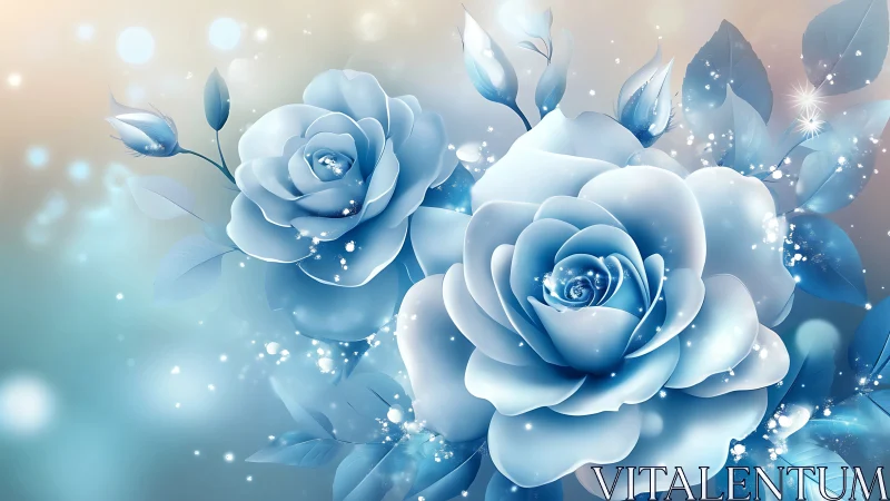 Blue ethereal roses with sparkling bokeh and luminous effects.