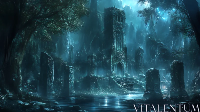 Ruined stone temple in bioluminescent forest under blue volumetric haze