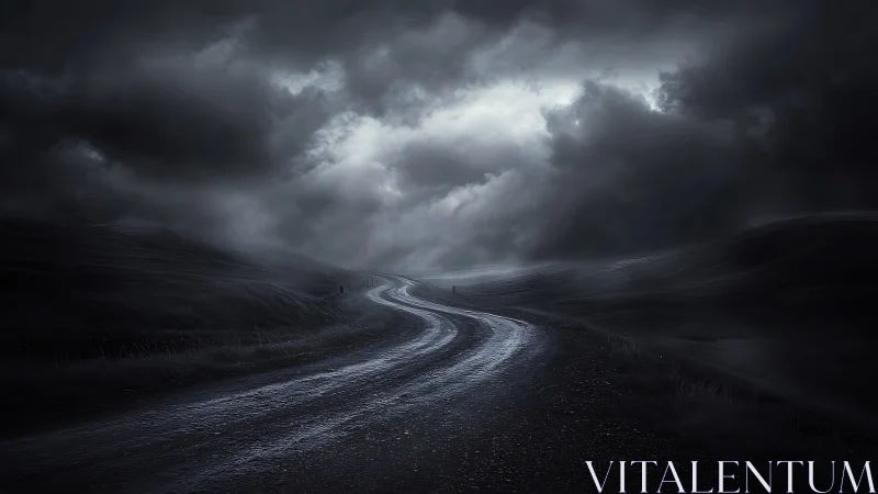 Curved wet road extends through dark hills under dense clouds