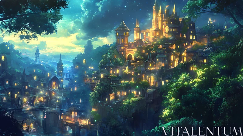Golden lights glow over a magical hillside city at night