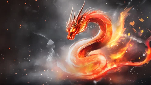 Fiery serpentine dragon coils through smoke and embers.