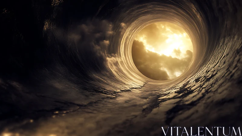 Cylindrical tunnel framing luminous clouded sky in chiaroscuro