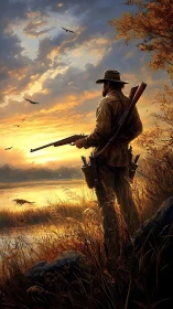 Hunter watching sunrise over misty wetland lake scene.