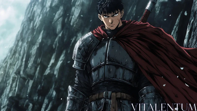 Armored warrior stands before sheer cliff in falling snow