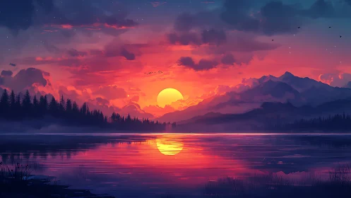 Sunset illuminates misty mountains above a mirrored lake.