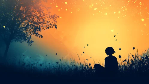 Silhouetted figure in grassy field under orange twilight sky.