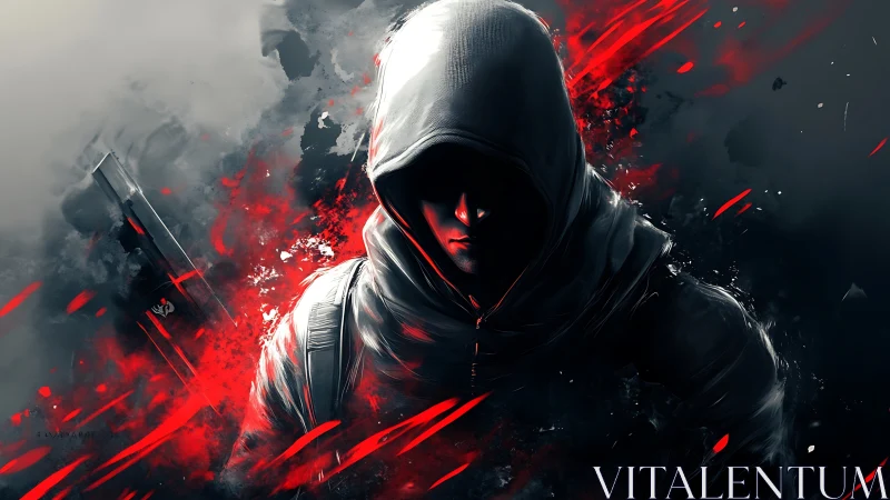Hooded figure in dark city with red energy streaks.