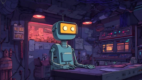 Robot at control workstation in cluttered tech workshop.