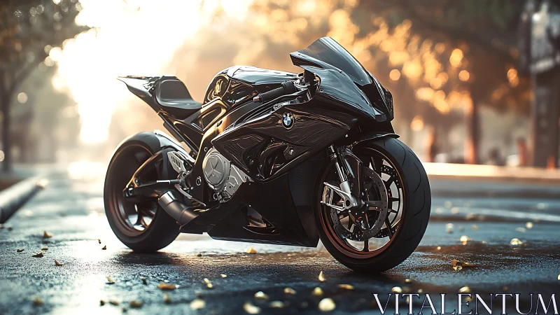 Sleek black sport motorcycle rests on a sunlit autumn street