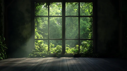 Sunlit forest framed by large window in empty room.