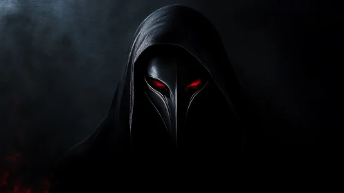 Mysterious hooded figure with glowing red eyes in shadow.