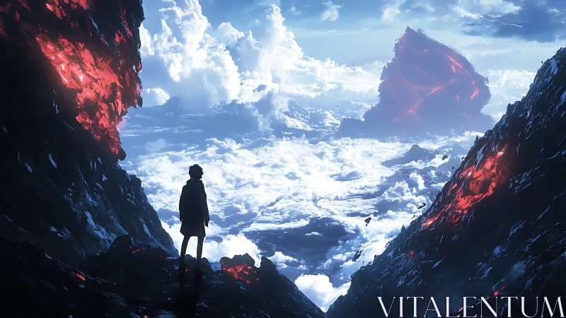 Lone figure overlooking molten cliffs above luminous clouds.