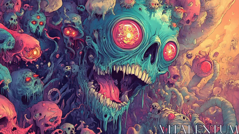 Neon necrotic skull swarm erupts in hyper-saturated horror tableau