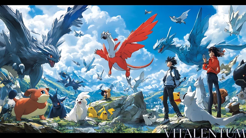 Trainers command legendary creatures in soaring mountain skies.