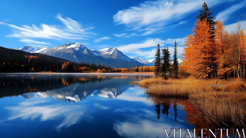 Mountain lake reflection under vivid autumn forest skies.