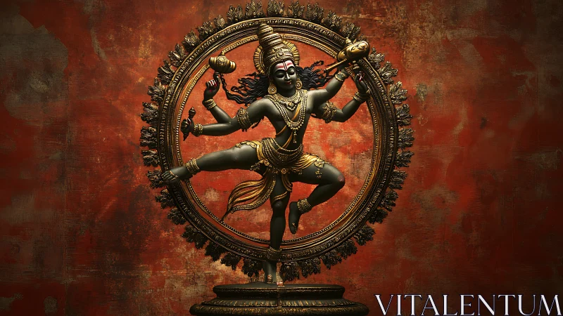 Bronze Nataraja sculpture against textured vermilion backdrop.