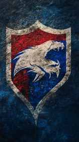 Grunge shield emblem with stylized white beast silhouette on split field