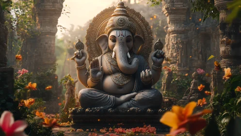 Elephant-headed deity glows in a flower-laden jungle shrine.