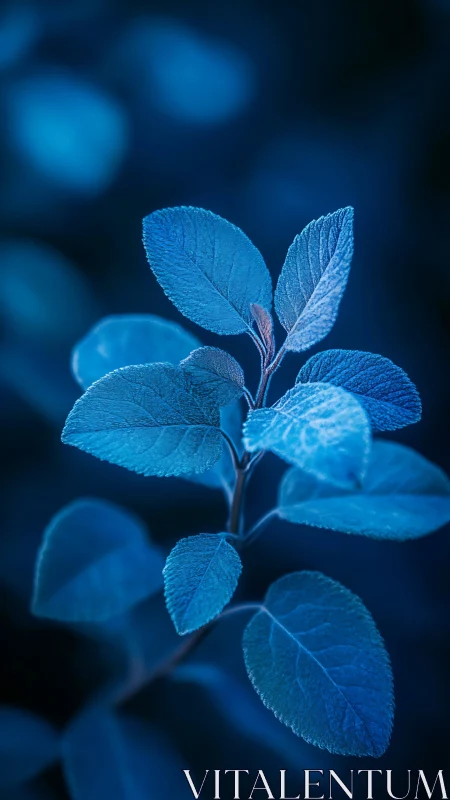 Blue backlit leaves display fine vein detail against blur