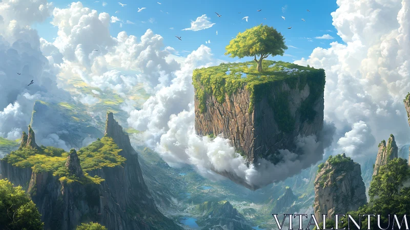 Floating Island with Solitary Tree Among Cloud-Shrouded Peaks