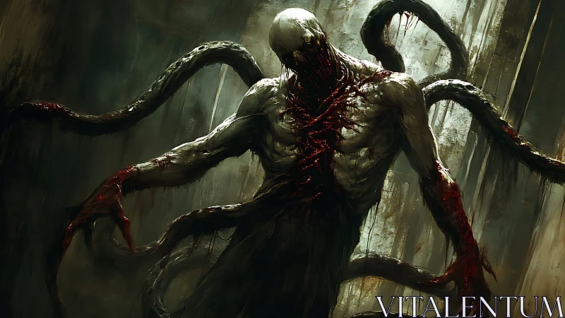 Monstrous tentacled abomination extends limbs in dim corridor