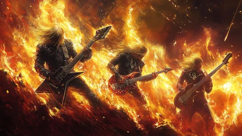 Heavy Metal Musicians Performing Amidst Inferno Blaze and Pyrotechnics.