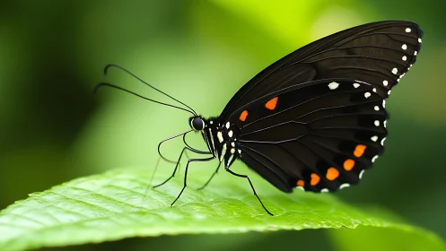 Graceful black butterfly rests gently on a fresh green leaf