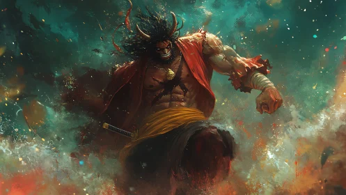 Storm-born warrior strides through fire with fierce resolve