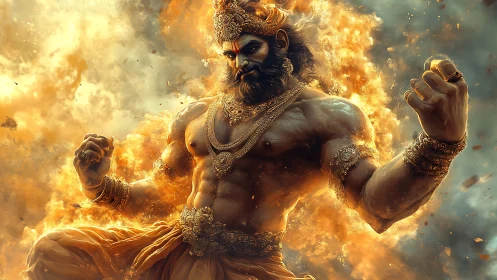 Mythic warrior deity emerges from flames in dynamic digital render
