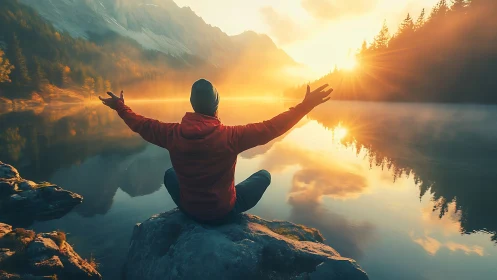Person seated on lakeside rock facing sunrise over water.