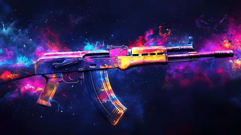 Neon chromatic rifle exploding through cosmic color clouds.