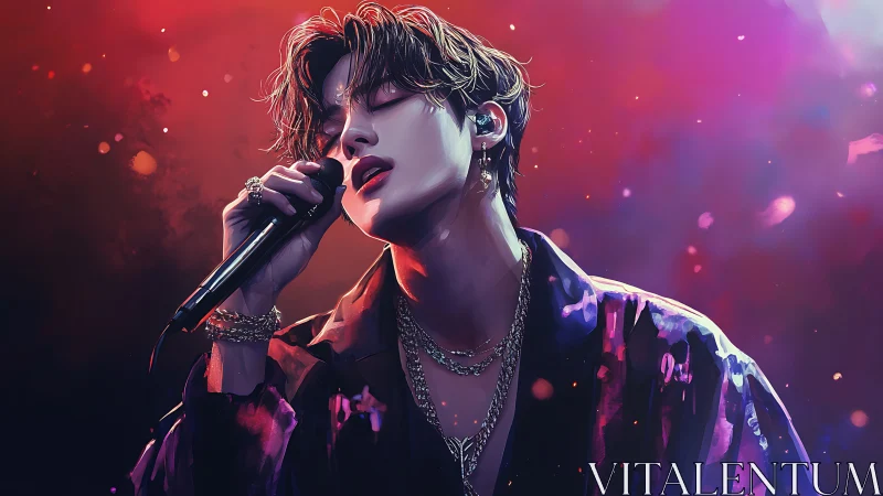 Male singer holds microphone under vivid stage lighting