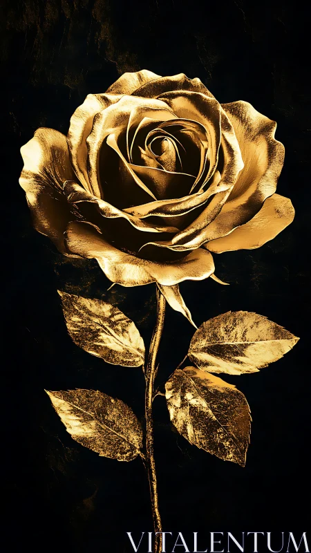 High-contrast metallic gold rose on deep black backdrop render