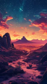 Desert valley at sunset under a vivid star-filled sky.