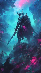 Armored warrior in neon forest with distant figures below.