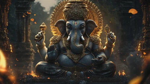 Highly detailed digital Ganesha idol with ornate golden adornments